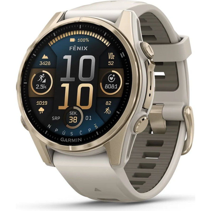 Garmin fenix 8 43mm AMOLED Sapphire Soft Gold with Fog Gray/Dark Sandstone Silicone Band